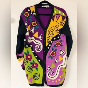 Vintage Side Effects Novelty Cardigan Small Colorful 90s  Knit Sweater